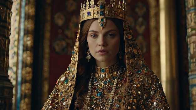 a woman in a costume with a crown and jewels