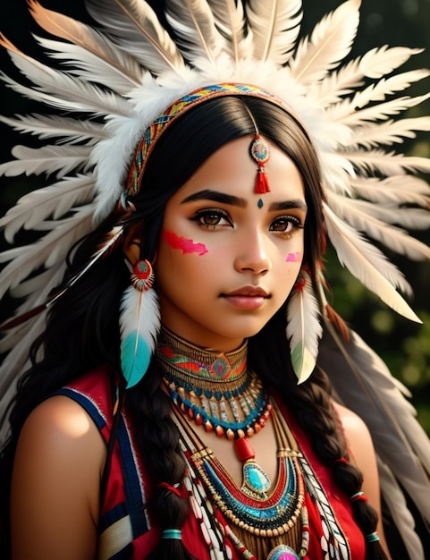 A woman in a costume with a feathered headdress and her hair is wearing a feathered headdress.