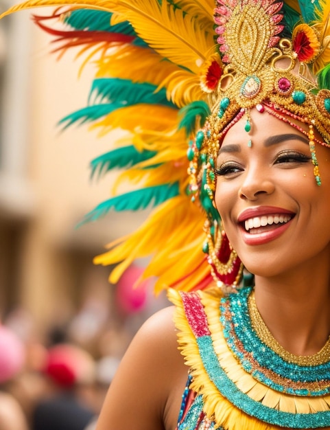 a woman in a costume with feathers and a large feather on her head