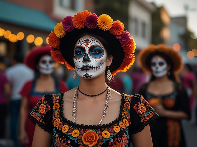 a woman in a costume with flowers and a skull on her head