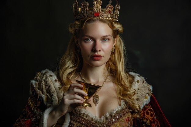 Photo a woman in a costume with a glass in her hand and a gold crown on her head