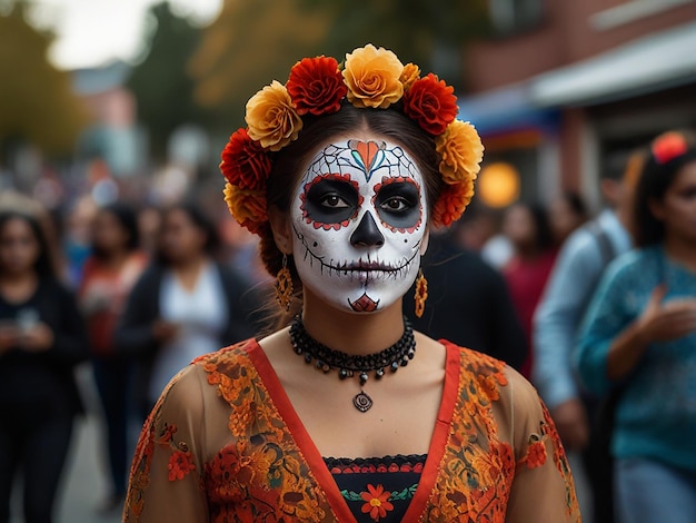 a woman in a costume with a skull and flowers on her head