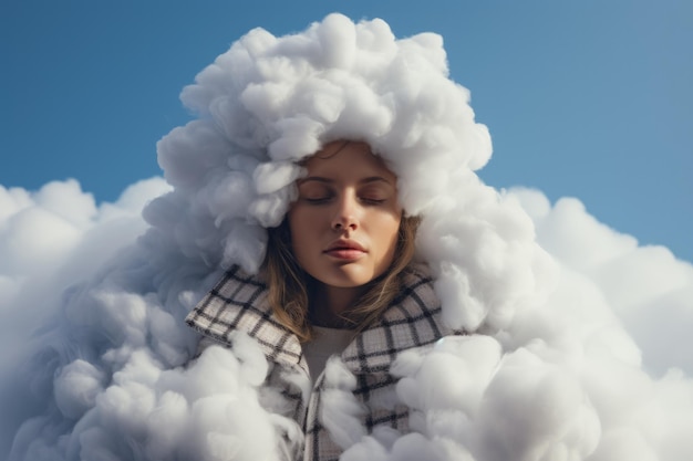 Woman in cosy plaid made from clouds