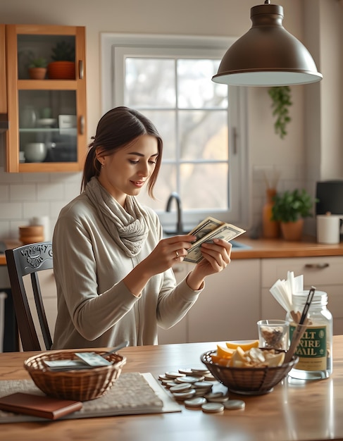 Woman Counting Cash at Kitchen Table During Daytime isolated with white highlights