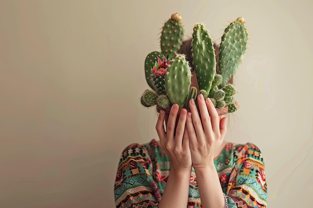 Woman covering head with cactus pot