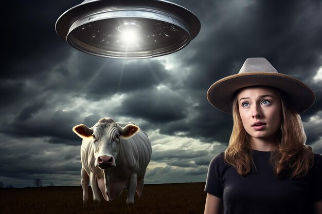 woman and cow holding metallic hats exaggerated emotions futuristic spaceship ufos in the sky conspiracy theory concept