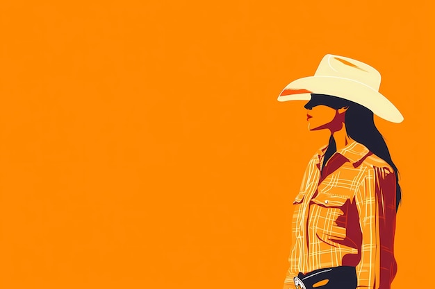 a woman in a cowboy hat and a cowboy hat is standing in front of a orange background