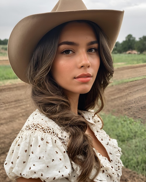 a woman in a cowboy hat stands in a field