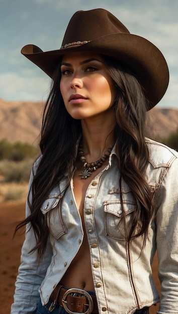 Photo woman in a cowboy hat stands in front of a desert