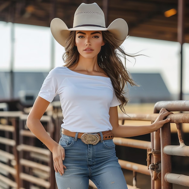 a woman in a cowboy hat stands in front of a fence