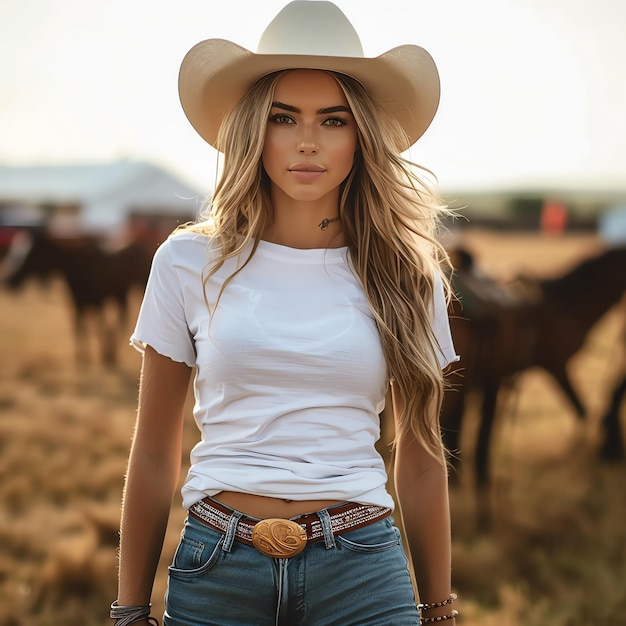 a woman in a cowboy hat stands in front of a herd of cattle