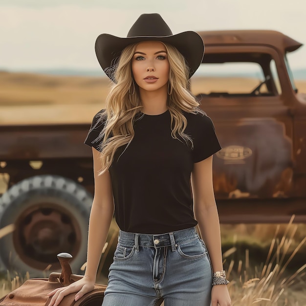 a woman in a cowboy hat stands in front of an old truck