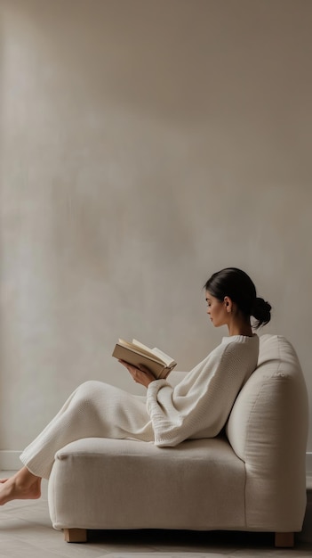 Photo a woman in cozy attire reads a book while sitting on a comfortable couch in soft lighting