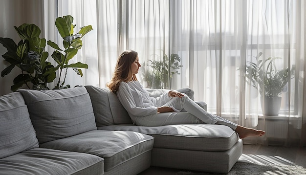 Photo woman in cozy attire reflecting deeply on a gray sofa with gentle light filtering through sheer