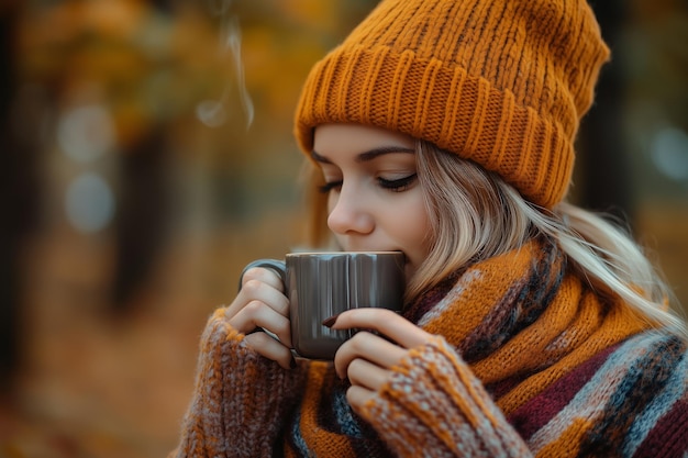 Photo a woman in a cozy orange hat enjoys steaming coffee outdoors among vibrant autumn leaves in a serene park setting