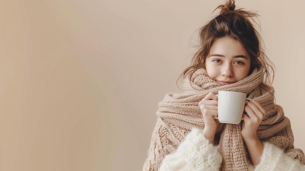 Woman in cozy scarf with hot drink on isolated beige background