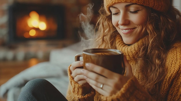 Woman in a cozy sweater enjoying a warm beverage while sitting by a fireplace