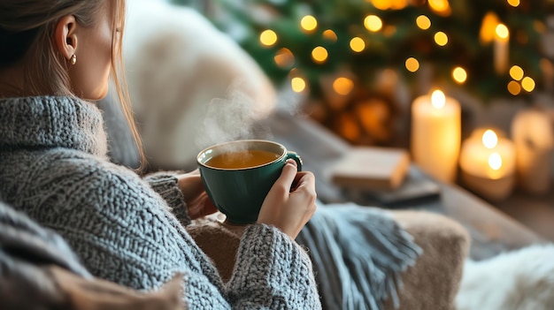 A woman in a cozy sweater enjoying a warm drink on a winter day