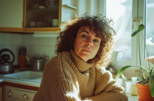 A woman in a cozy sweater lost in thought in her sunlit kitchen a scene of tranquility and introspection in a home setting