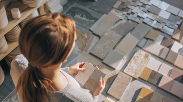 Photo a woman in a cozy sweater selecting tiles from a diverse array spread out on the floor reflecting a moment of thoughtful design decisionmaking