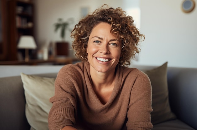 A woman in a cozy sweater smiles warmly while sitting indoors exuding friendliness and comfort