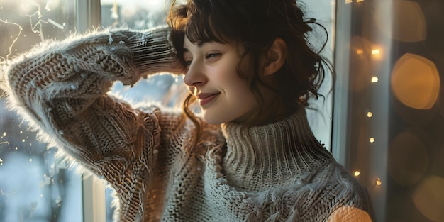 Woman in cozy sweater stretches happily after waking up in winter morning Concept Winter Morning Routine Cozy Sweater Morning Stretches Waking Up Refreshed Embracing the Cold