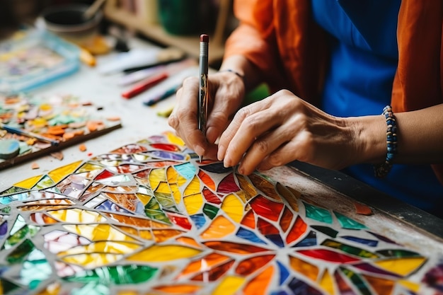 Woman Crafting a Colorful Glass Mosaic