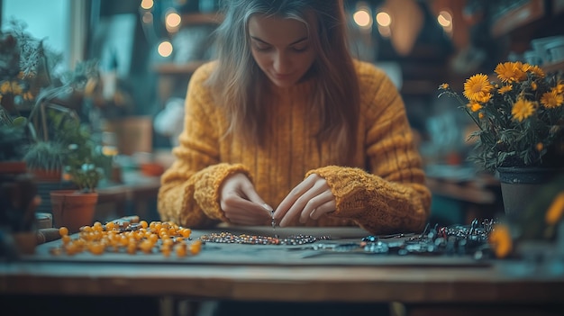 Photo woman crafting jewelry with beads in a cozy plantfilled workspace