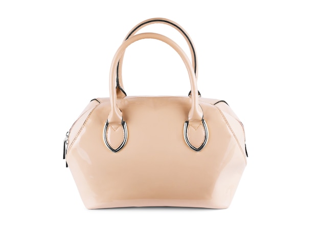 Woman creamy leather bag on white background