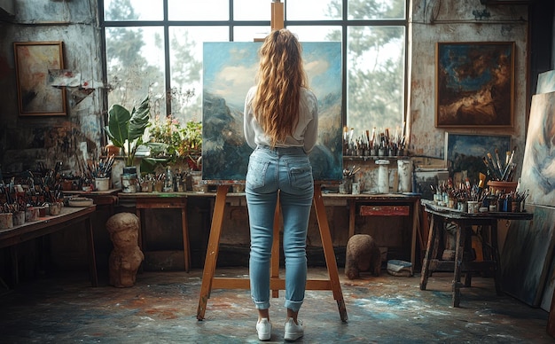 Photo a woman creates beautiful artwork on canvas in a vintage art studio filled with natural light and artistic tools