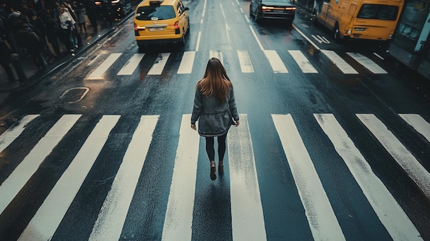 Photo a woman crossing a street in the middle of a crosswalk