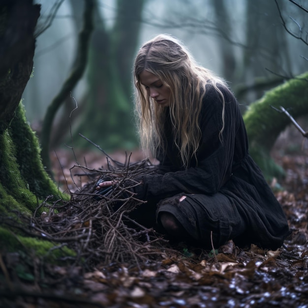 a woman crouches down in the woods with her hands in the ground