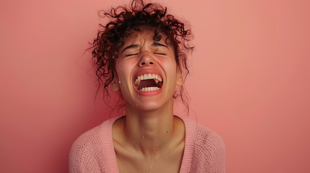 A woman crying and shouting on isolated pink background