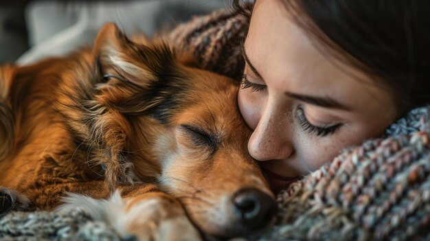 Woman Cuddling Dog on Blanket