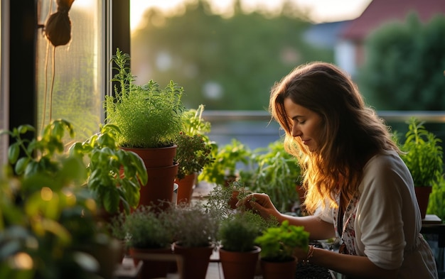 Woman Cultivating Herbs and Plants on Her Small Apartment Balcony