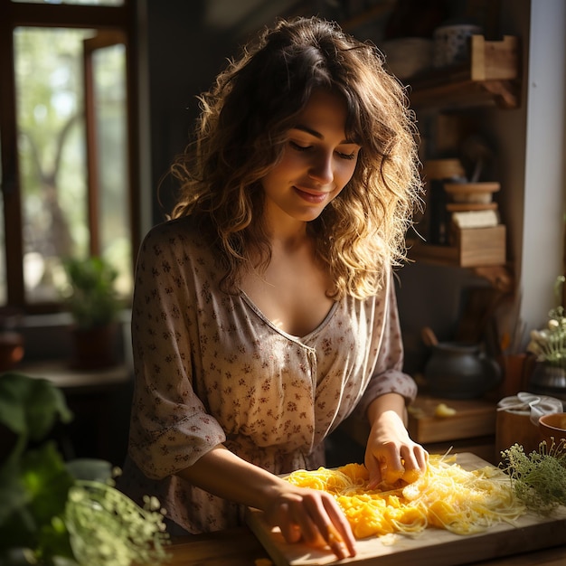 Woman cut slice cheese to cook using knife in the kitchen