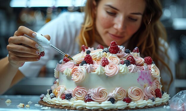 Photo a woman cutting a cake with a knife and a cake with raspberries on it