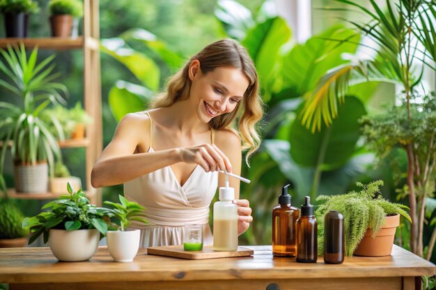 Photo a woman cutting a plant with a bottle of liquid