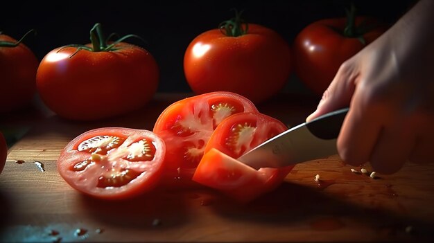 Woman cutting tomatoes to prepare meal at home Bright color Generative ai