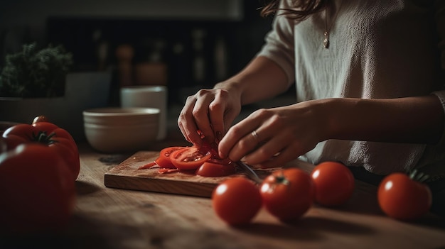 Woman cutting tomatoes to prepare meal at home Generative ai