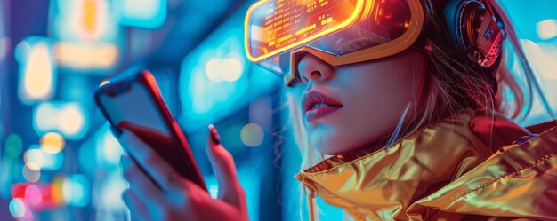 Photo woman in cyberpunk fashion using nextgen smartphone vibrant colors hightech setting