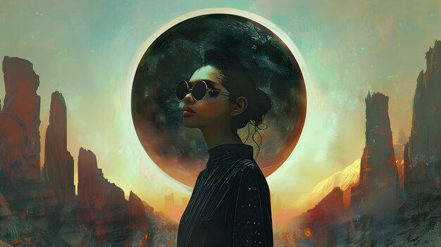 Woman in Cyberpunk Style Art Print with Futuristic Moon