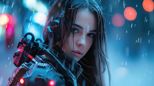 Woman cyberpunk with long black hair Serious looking forward Background wallpaper AI generated image