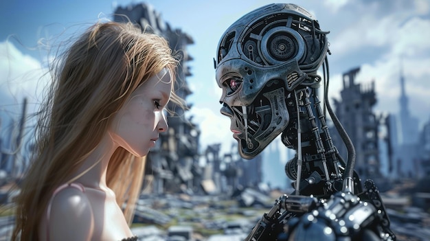 Woman and cyborg alien robot looking at each other attentively AI generated image