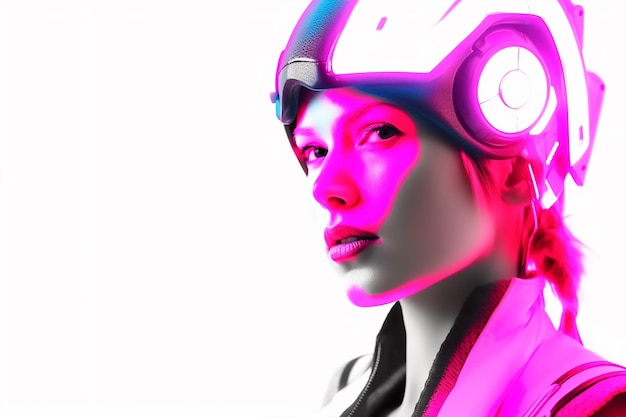 A woman cyborg with a helmet and say im a robot on white background