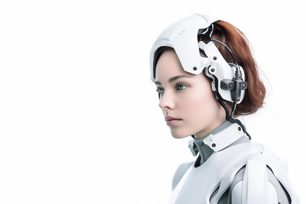 A woman cyborg with a robot head and a head on white background