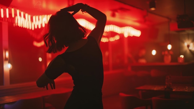 Photo a woman dances under moody red lighting her silhouette creating dramatic and fluid movements in an intimate vibrant setting