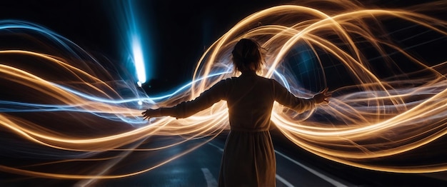 Photo a woman dances with a firework in the background