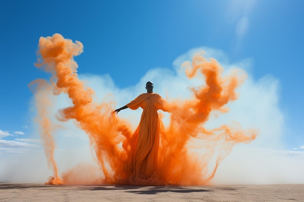 Woman dances with orange smoke on white beach under blue sky