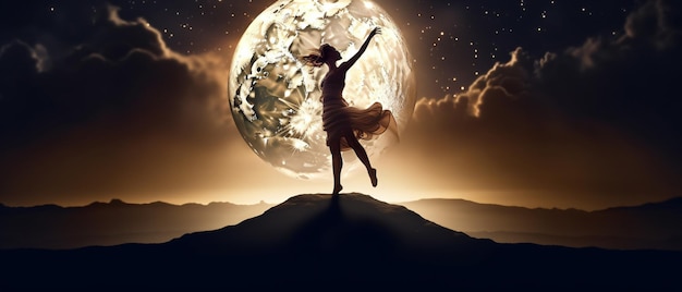 woman dancing on the background of a large full moon